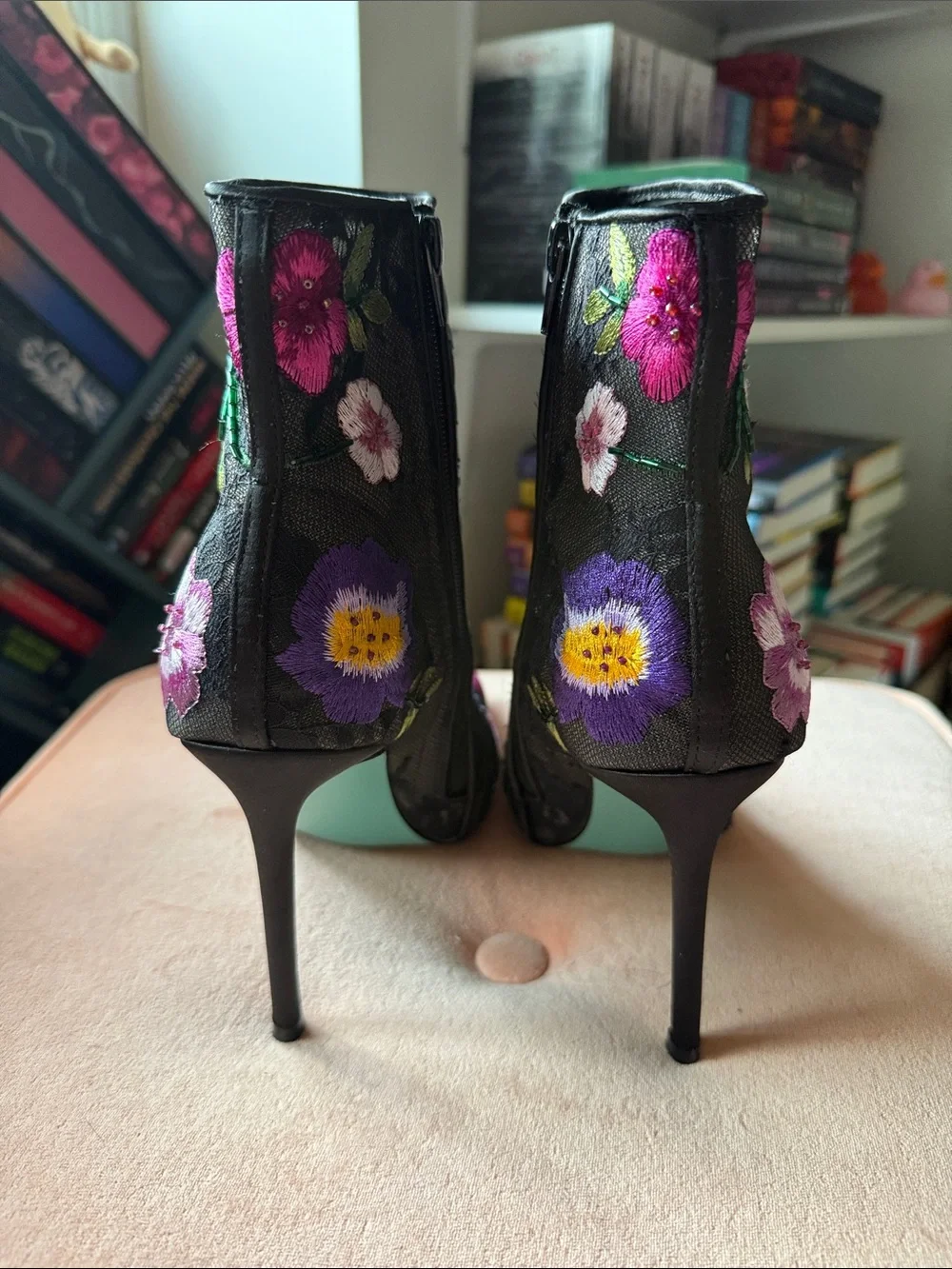 Betsey Johnson Black Floral Embroidered Pointed Toe Ankle Boots